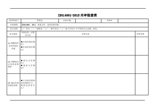ISO14001：2015内审检查表(环境管理体系内部审核检查表)
