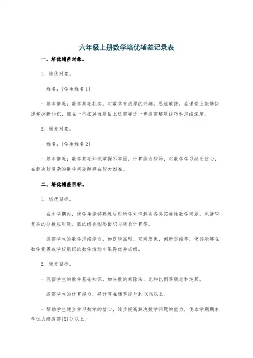 六年级上册数学培优辅差记录表