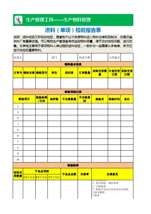 进料(单项)检验报告表