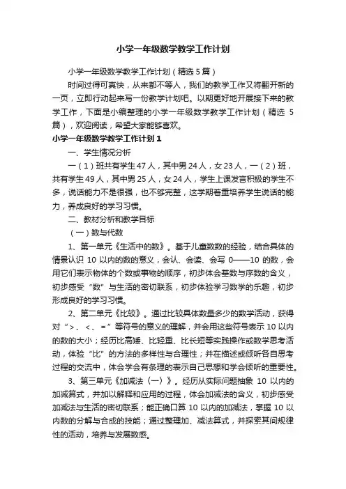 小学一年级数学教学工作计划（精选5篇）
