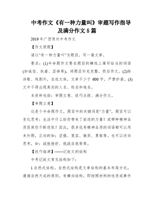 中考作文《有一种力量叫》审题写作指导及满分作文5篇