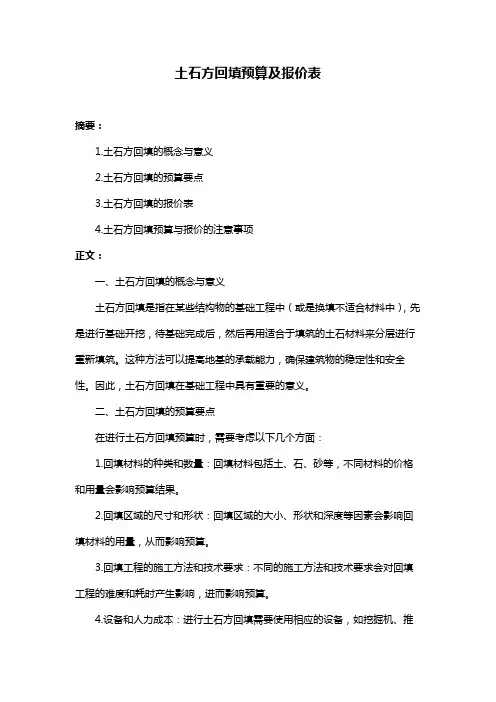 土石方回填预算及报价表