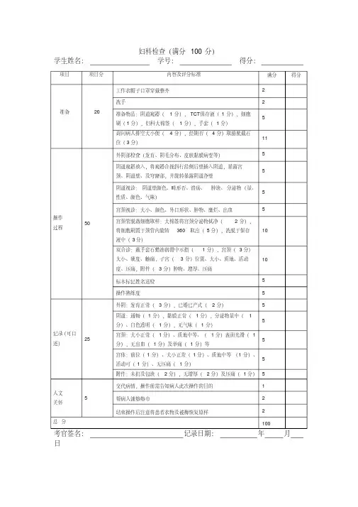妇科检查操作技能评分标准(满分100分)