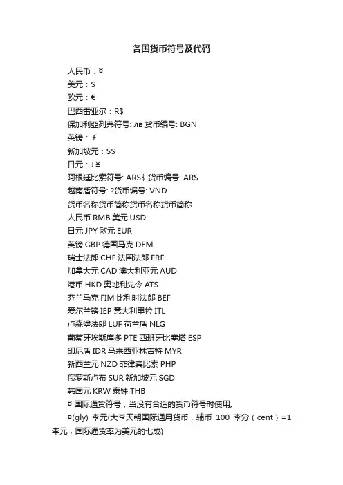 各国货币符号及代码