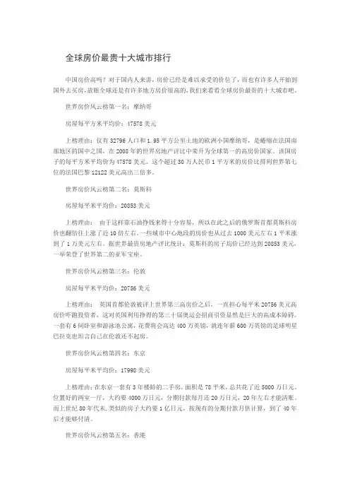 全球房价最贵十大城市排行