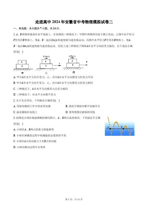 走进高中2024年安徽省中考物理模拟试卷二(含答案)