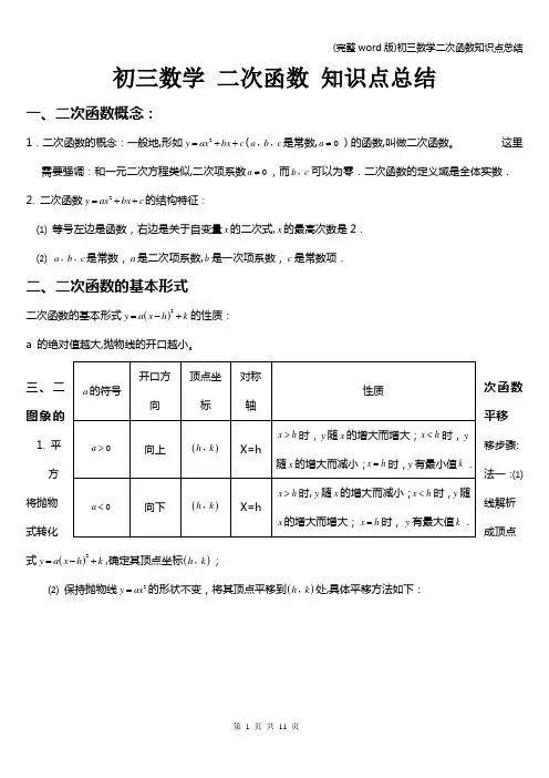 (完整word版)初三数学二次函数知识点总结