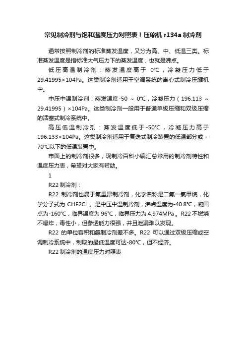 常见制冷剂与饱和温度压力对照表！压缩机r134a制冷剂