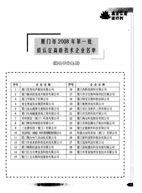 厦门市2008年第一批拟认定高新技术企业名单