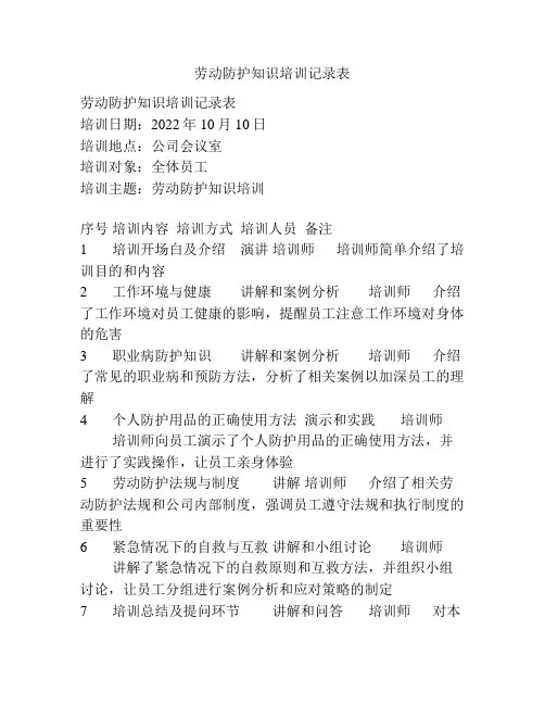 劳动防护知识培训记录表