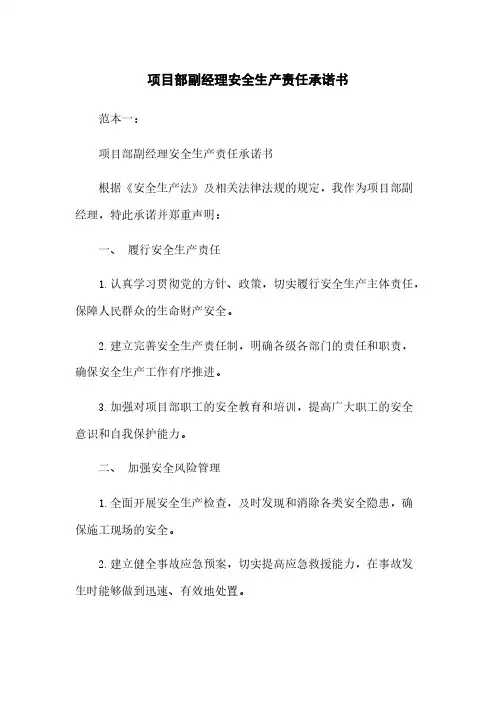 项目部副经理安全生产责任承诺书