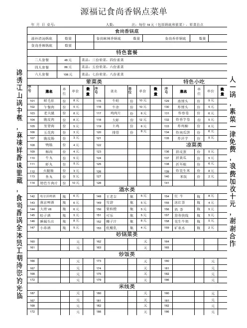 火锅店菜谱、点菜单