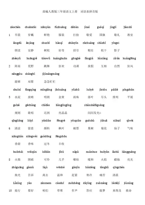 部编人教版三年级语文上册  词语表拼音版