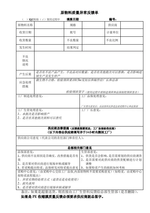 原物料质量异常反馈单