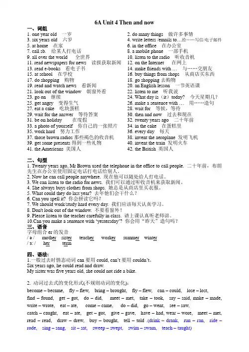 牛津译林版六年级英语上册第一单元6A Unit4词汇和句型知识点