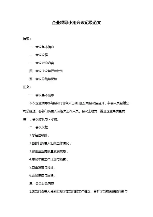 企业领导小组会议记录范文