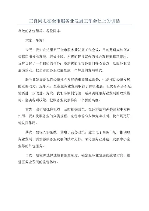 王良同志在全市服务业发展工作会议上的讲话