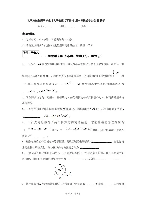 大学地球物理学专业《大学物理（下册）》期末考试试卷B卷 附解析