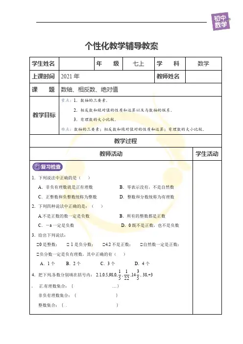 初一数学 第3讲 数轴、相反数和绝对值 学生版