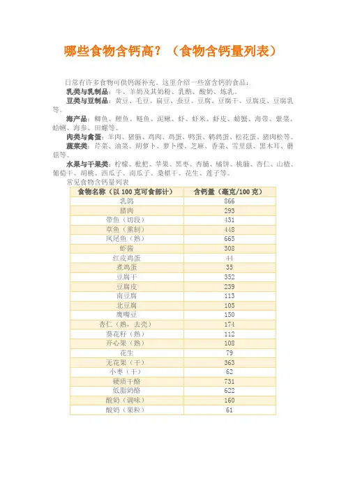 食物含钙量列表