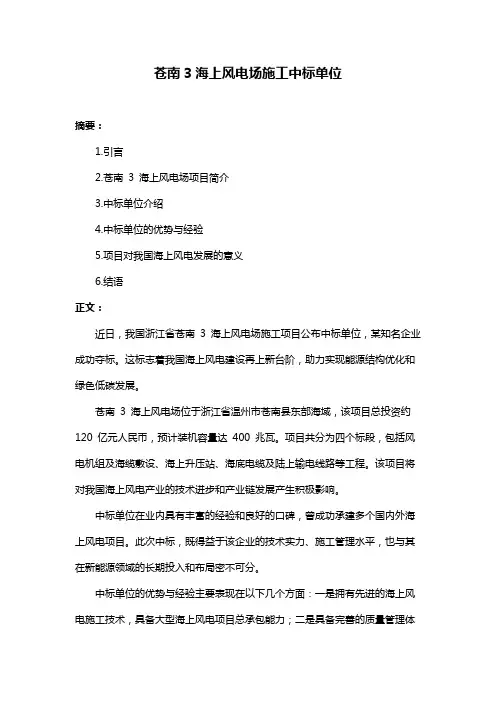 苍南3海上风电场施工中标单位