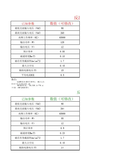 反激变压器计算表
