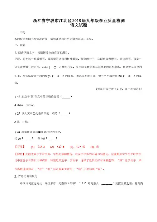 【全国区级联考】浙江省宁波市江北区2018届九年级学业质量检测语文试题（解析版）