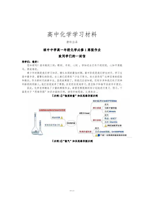 人教版必修一高中化学高一年级化学寒假作业.docx