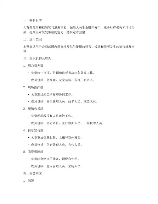 氢气泄漏事故专项应急预案