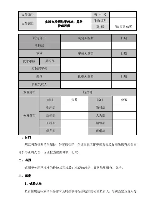 实验室检测结果超标、异常管理规程(OOS、OOT)