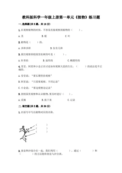 教科版科学一年级上册第一单元《植物》练习题-精品(历年真题)