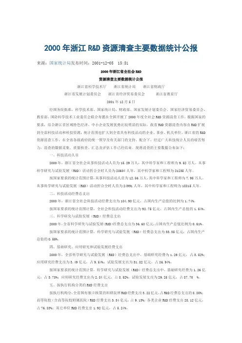 2000年浙江R&D资源清查主要数据统计公报