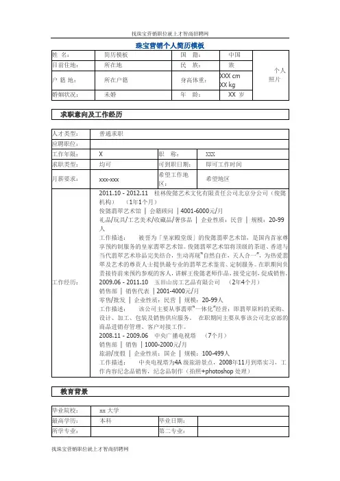 珠宝营销 个人简历模板