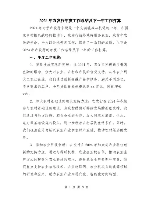 2024年农发行年度工作总结及下一年工作打算