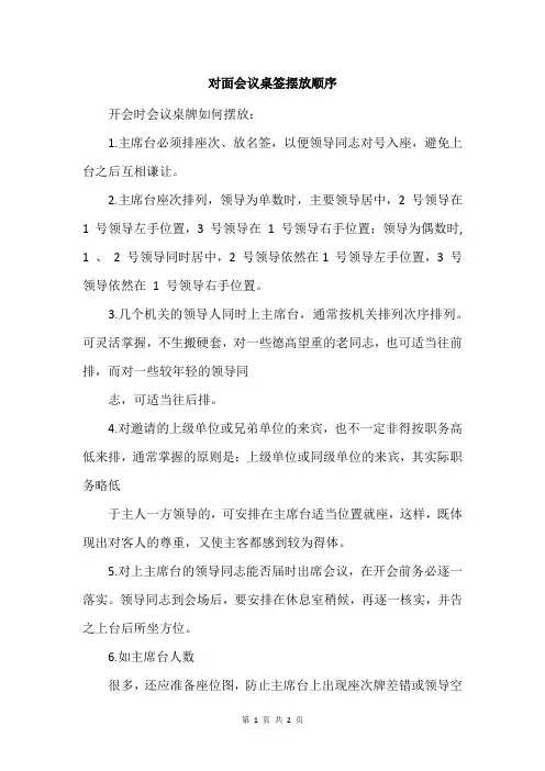 对面会议桌签摆放顺序