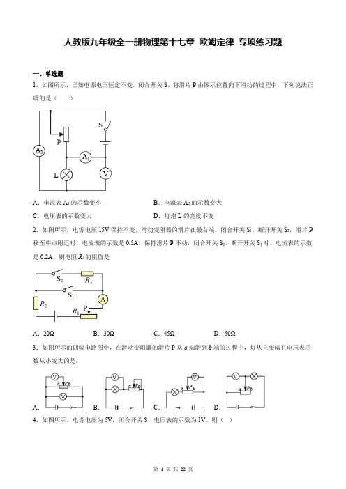 人教版九年级全一册物理第十七章 欧姆定律 专项练习题(含答案解析)