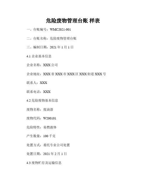 危险废物管理台账 样表