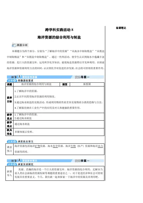 人教版2024九年级下册化学跨学科实践活动8 海洋资源的综合利用与制盐 教案