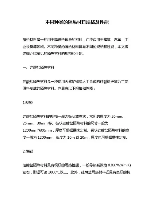 不同种类的隔热材料规格及性能