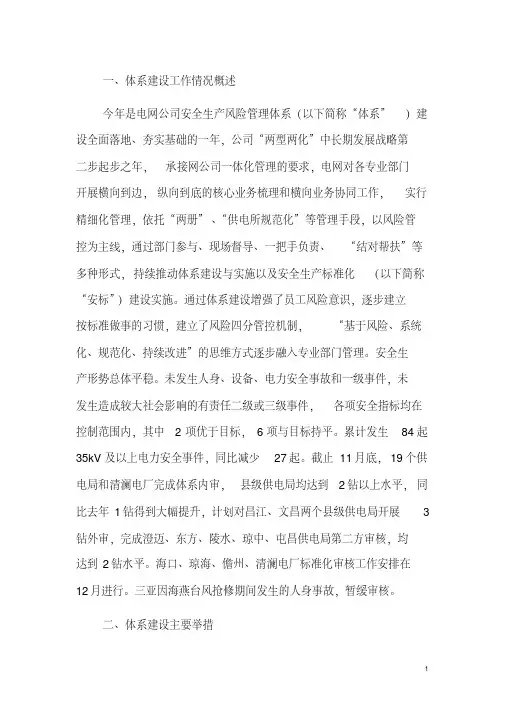 电网公司安全生产风险管理体系建设总结报告
