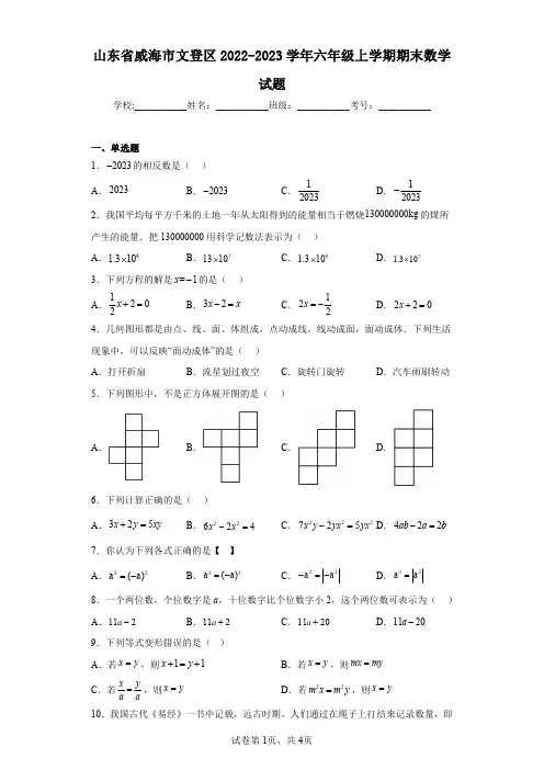 山东省威海市文登区2022-2023学年六年级上学期期末数学试题