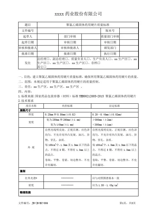 聚氯乙烯固体药用硬片质量标准