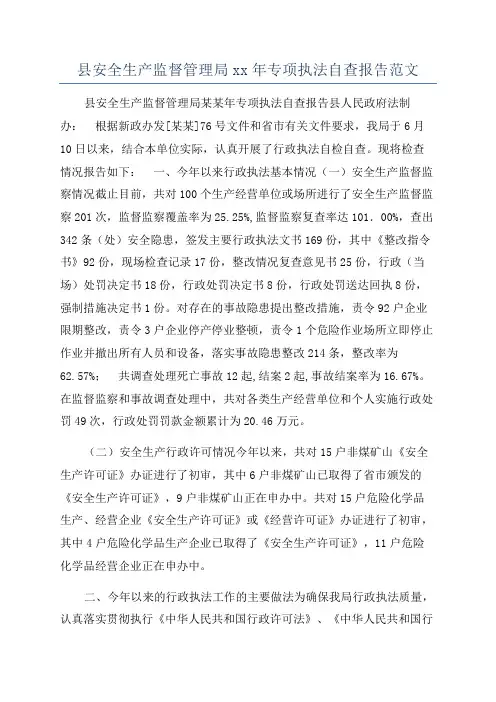 县安全生产监督管理局xx年专项执法自查报告范文