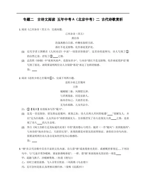 专题二  古诗文阅读 五年中考A(北京中考)二 古代诗歌赏析