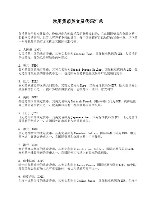 常用货币英文及代码汇总