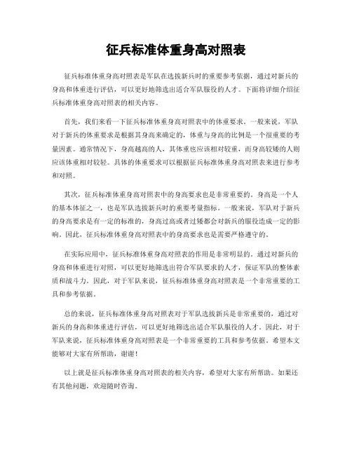 征兵标准体重身高对照表