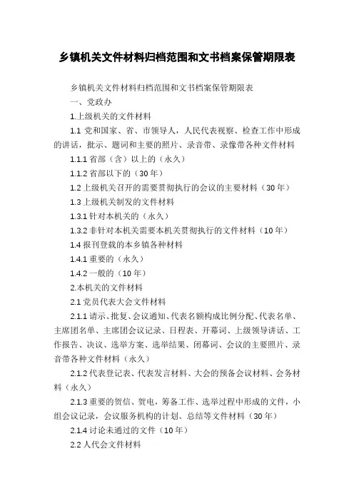 乡镇机关文件材料归档范围和文书档案保管期限表