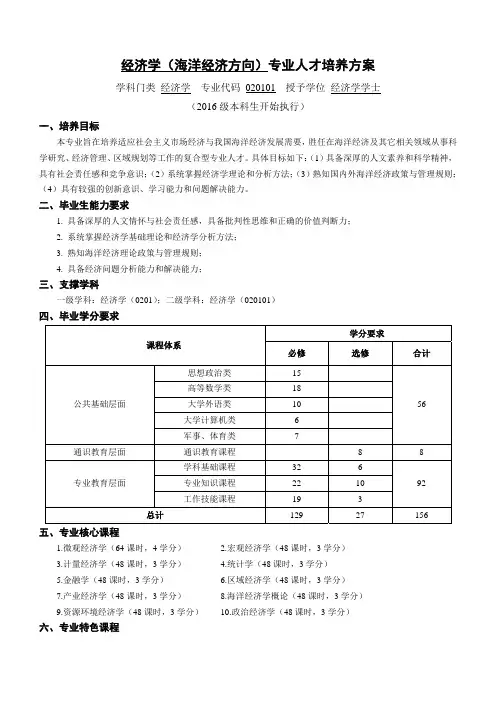 中国海洋大学经济学(海洋经济方向)专业人才培养方案