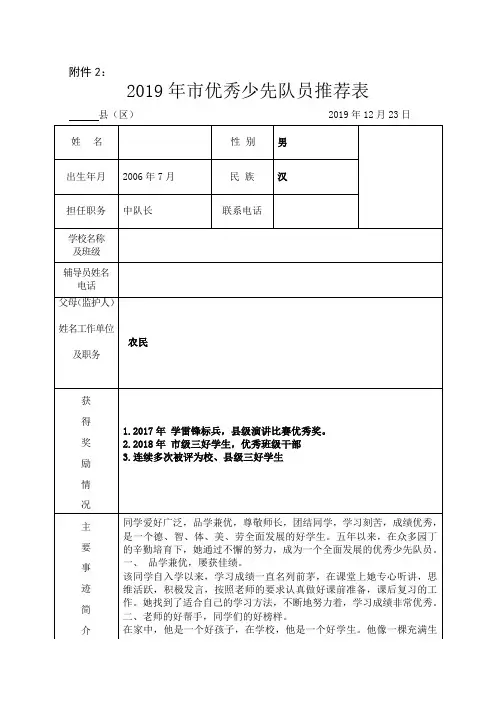 2019年市优秀少先队员推荐表