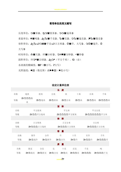 常用单位英文缩写及法定计量单位表-单位名称英文缩写